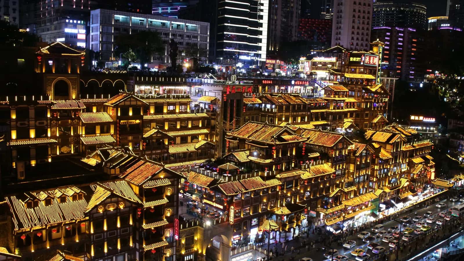 Hongya Cave at night in Chongqing.
