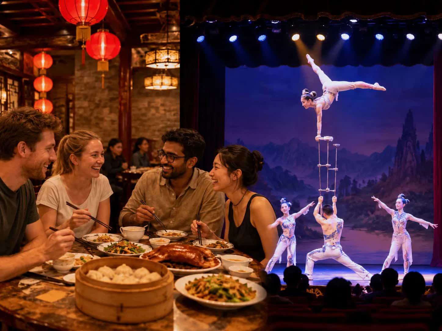 Dinner before a Beijing Chinese acrobatics show with private transfer.