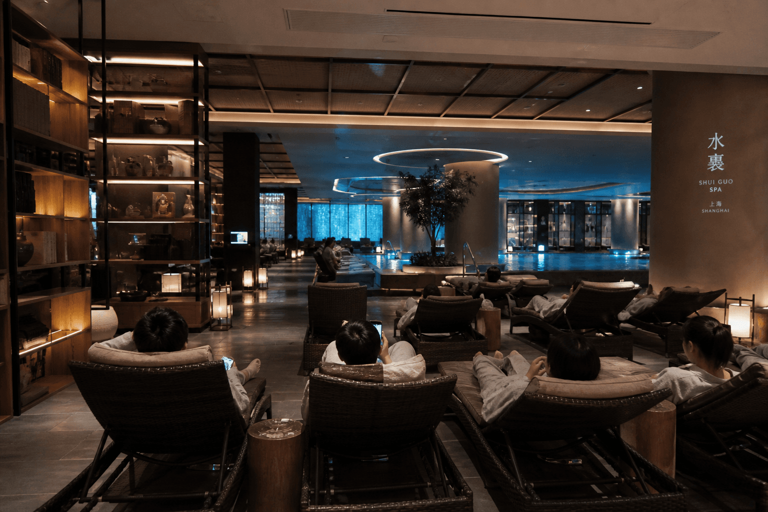 Shared relaxation lounge at Shuiguo Spa in Beijing.