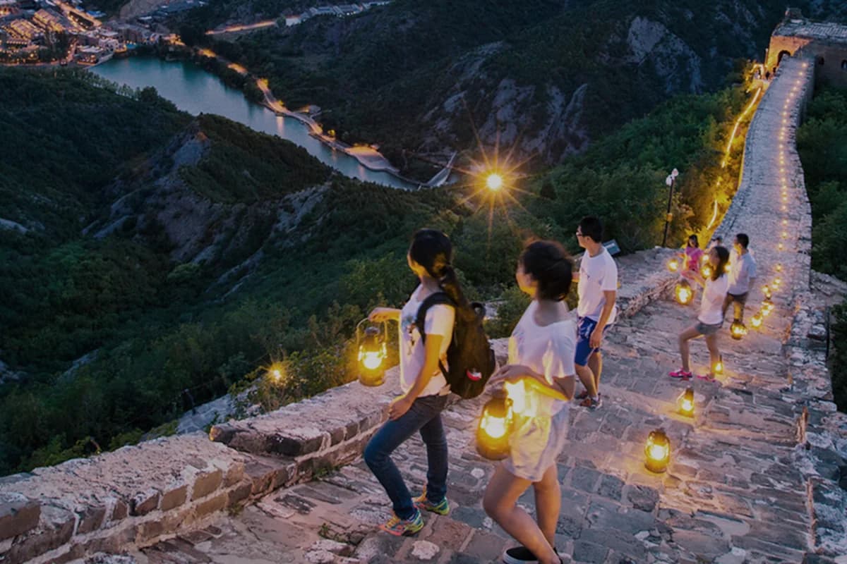 Simatai Great Wall at night with lanterns.