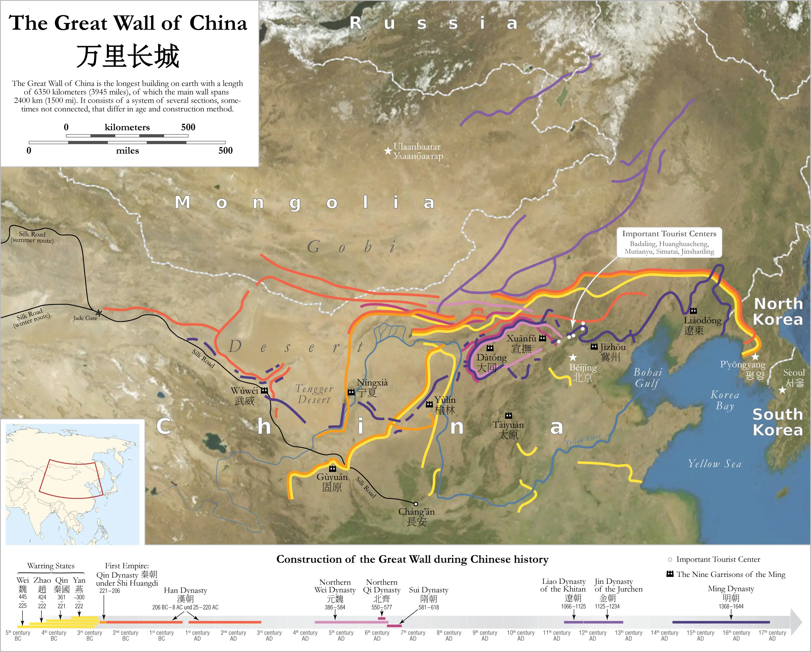 Great Wall of China map showing east-west extent and Beijing-area sections.