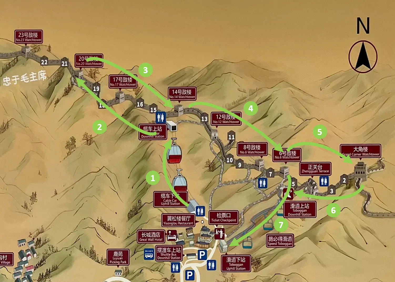 Map showing a combined route from the west to the east sections of the Great Wall, including key watchtowers and attractions.