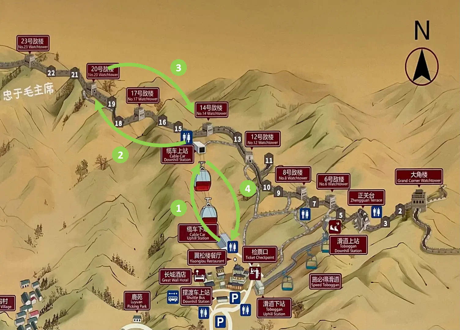 Map showing Route 2 for first-time visitors to the west section of the Great Wall, highlighting key watchtowers and attractions.