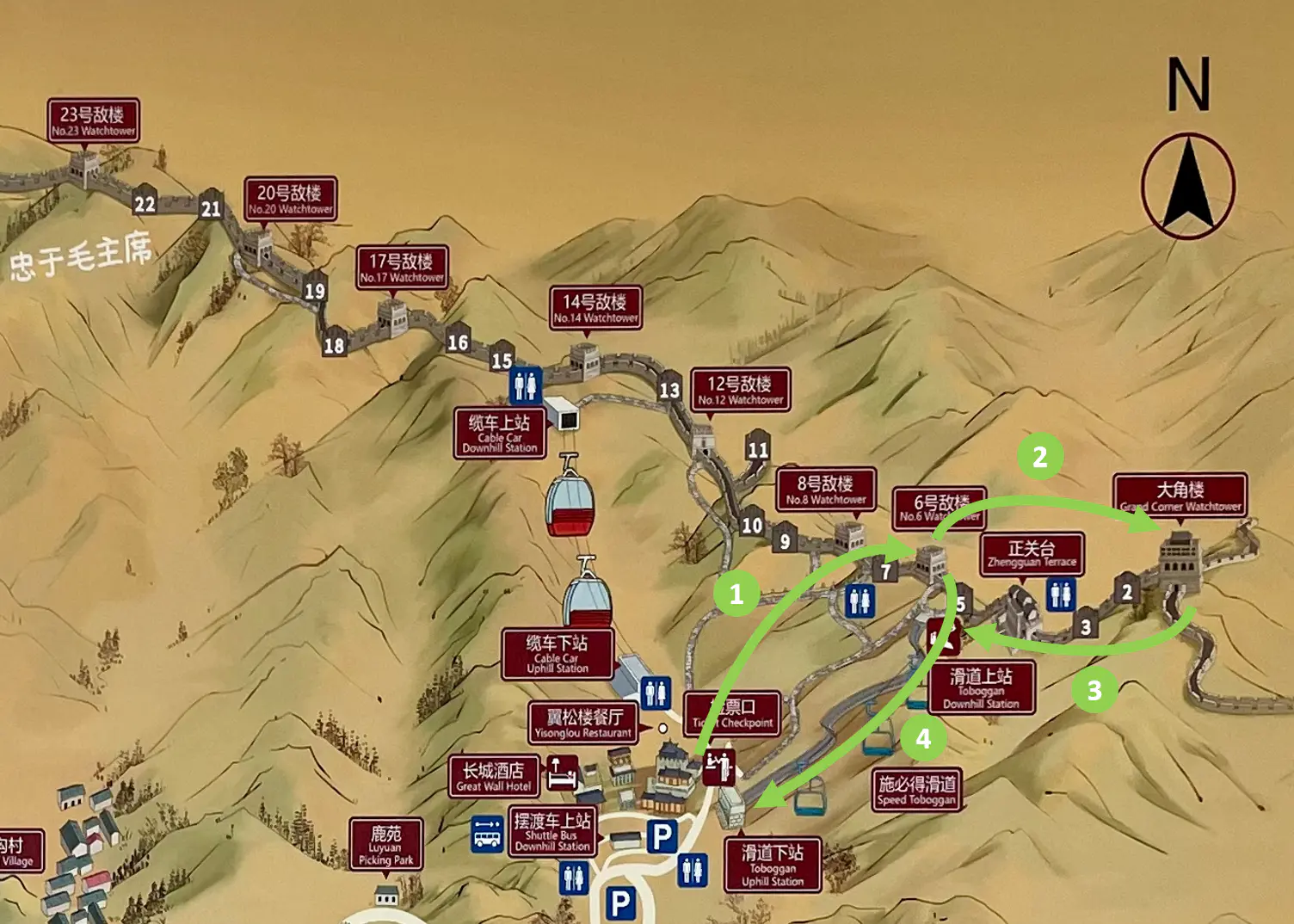 Map showing Route 3 for the Toboggan-first east tour, highlighting key towers and attractions.