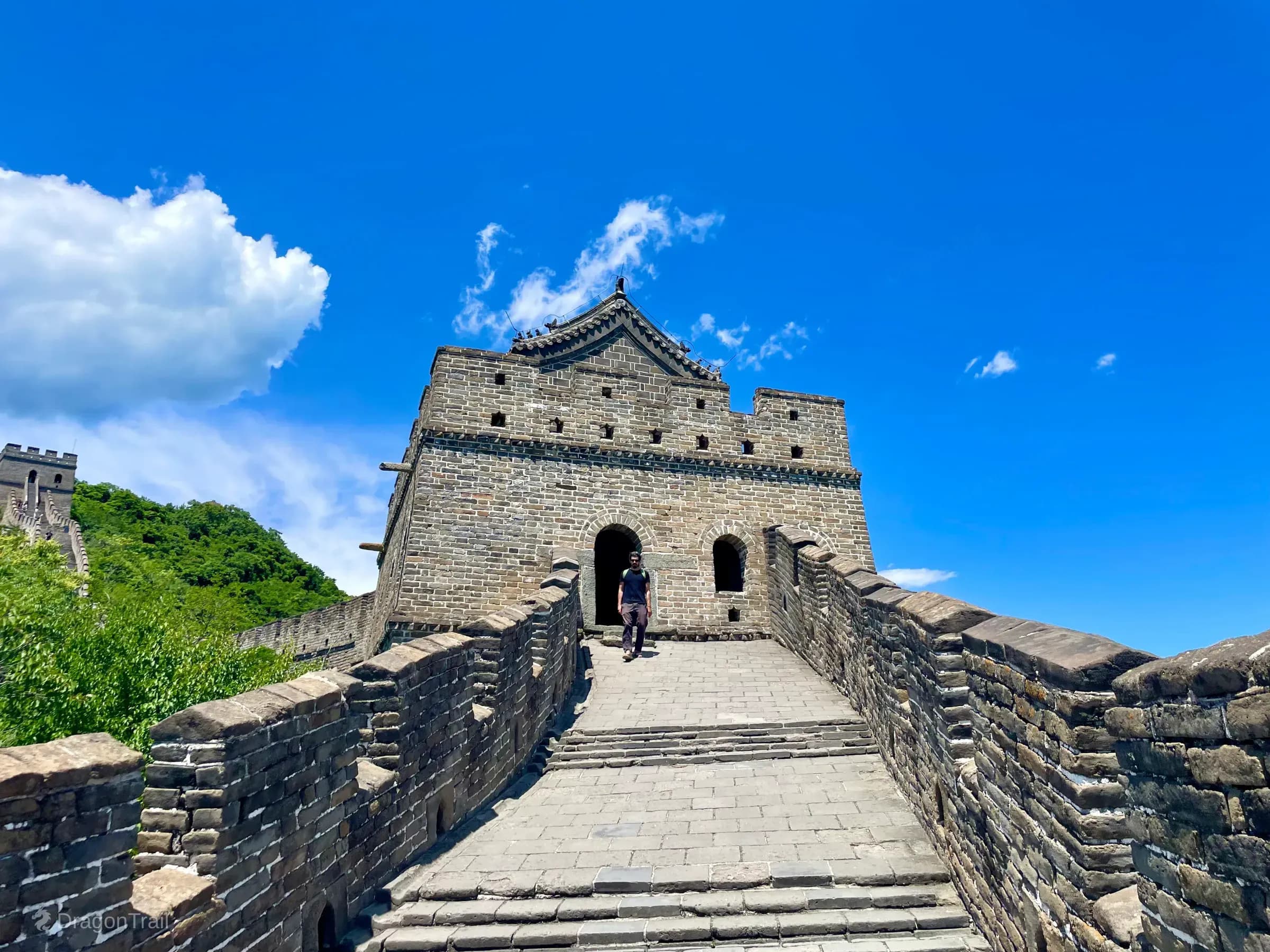 Close approach to Mutianyu Tower 12 roofed facade and arched openings