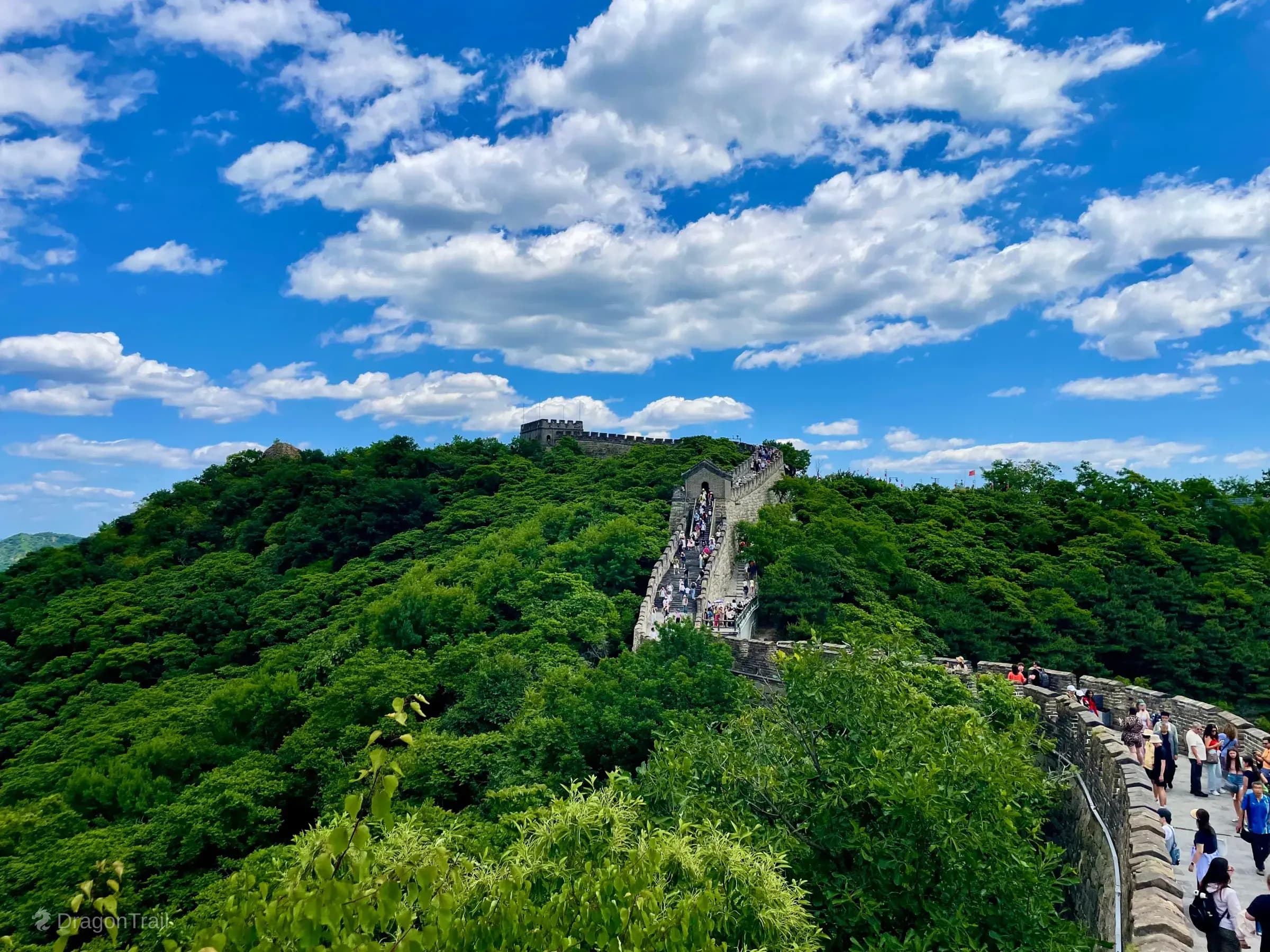 From Mutianyu Tower 15, looking along the crowded Great Wall as it climbs a steep forested ridge toward higher watchtowers under a blue sky with white clouds
