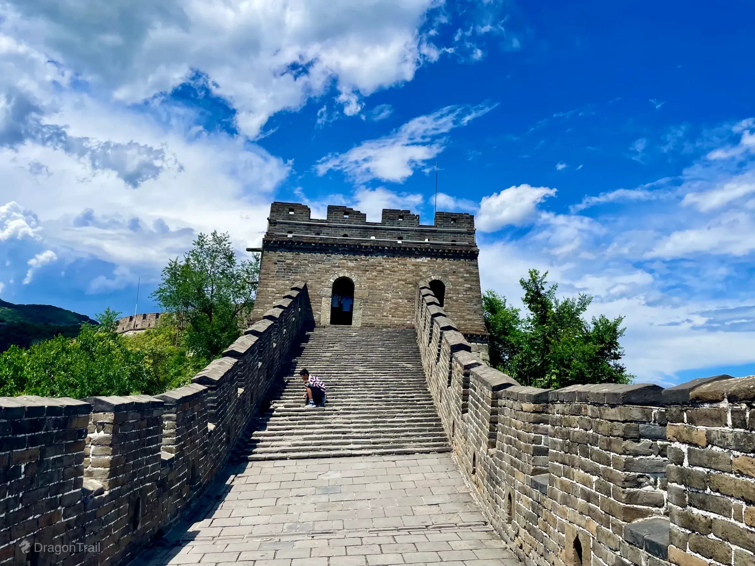 Looking up steep Mutianyu stairs toward Tower 6