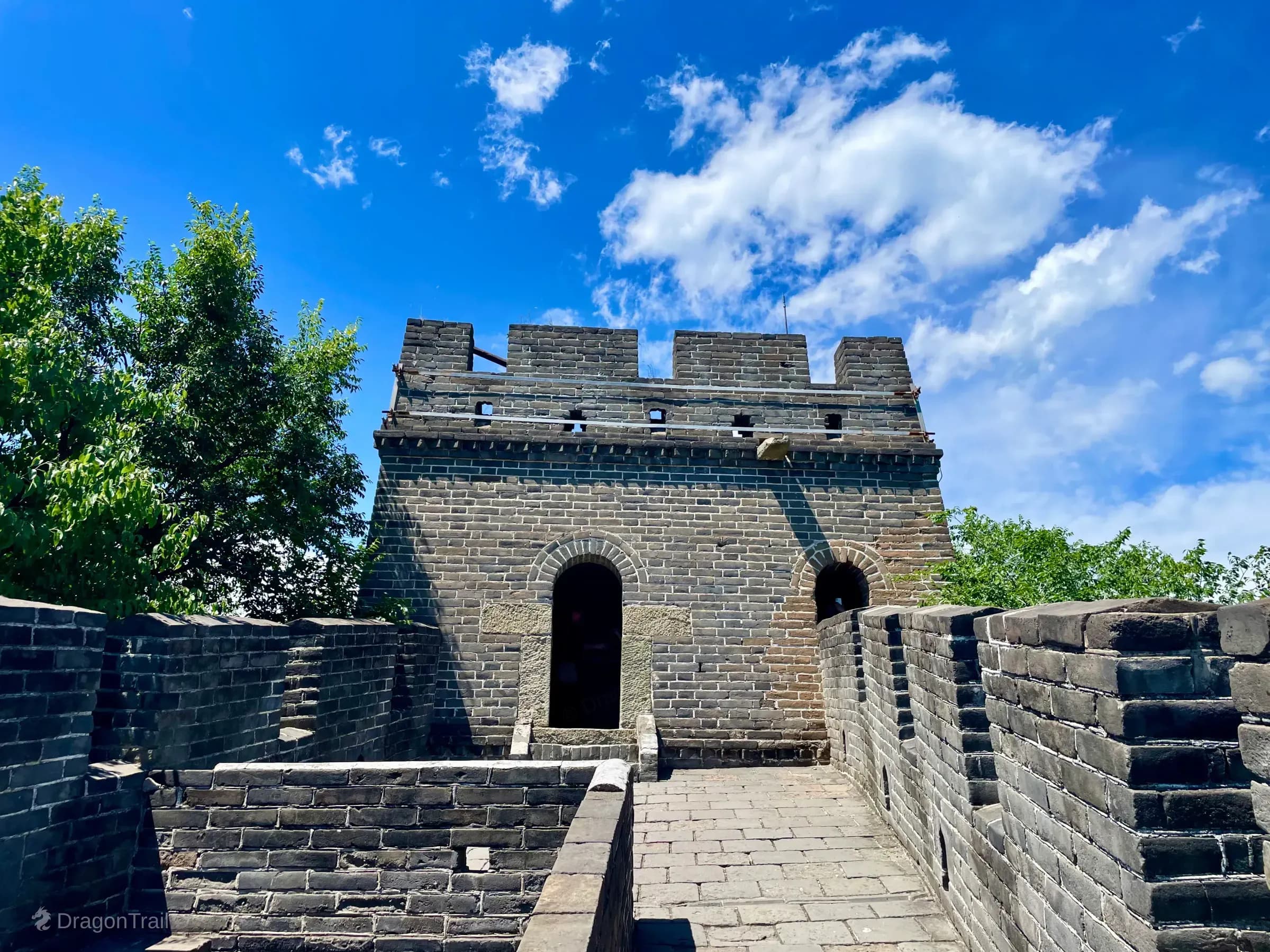 Close front view of Mutianyu Tower 7 with twin arched doorways