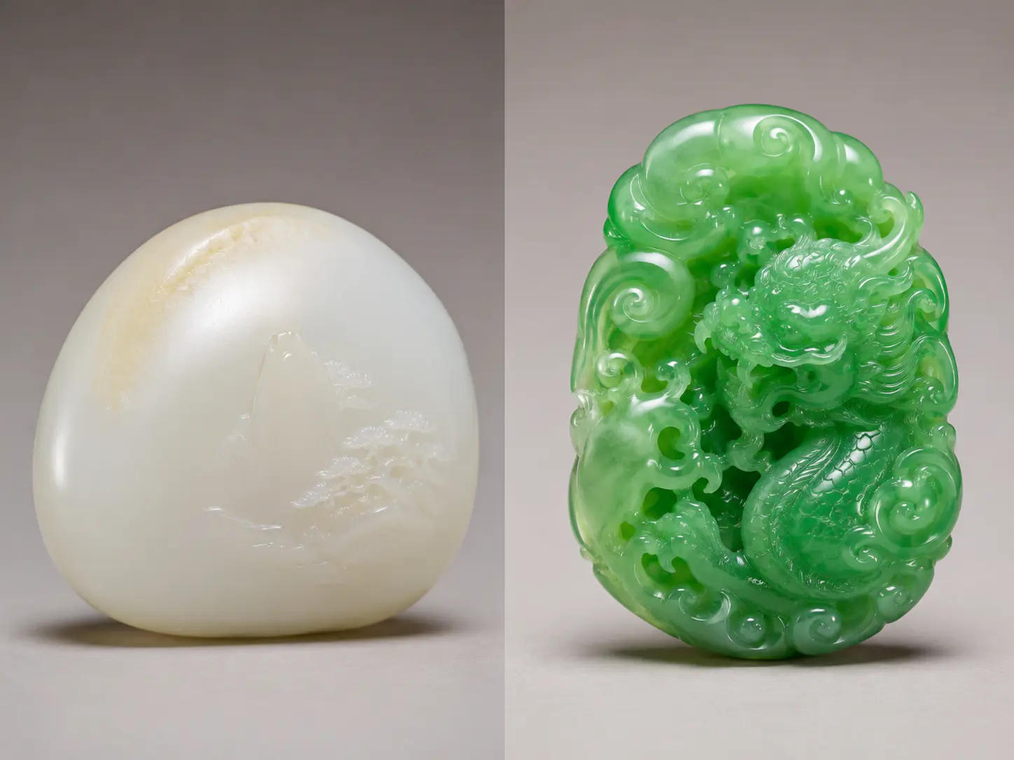 A creamy white mutton-fat nephrite piece next to a vivid green jadeite carving