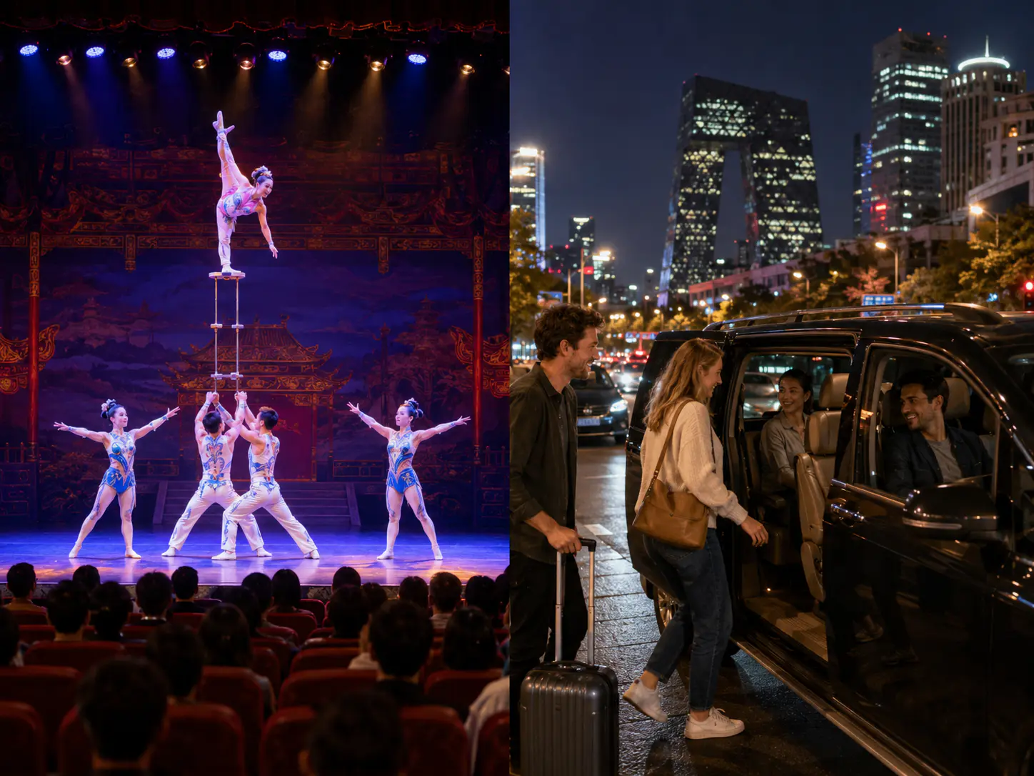 Beijing acrobatic show private transfer evening route.