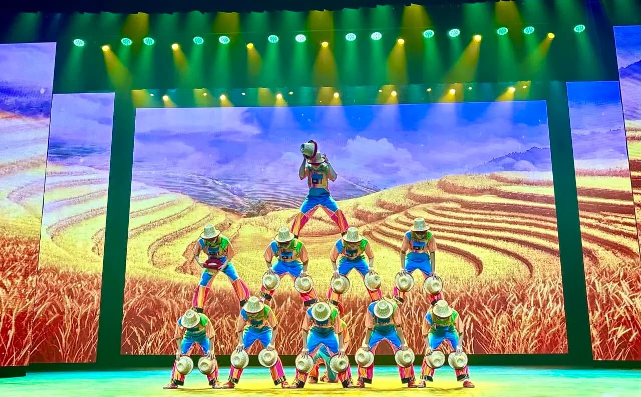 Chinese acrobatic show guide comparing Beijing and Shanghai evening performances.