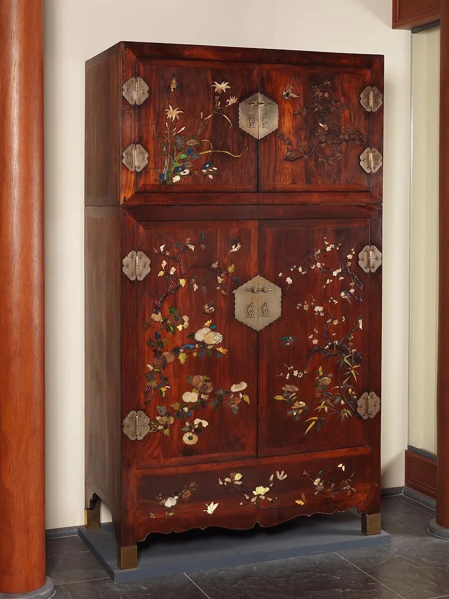 Late Ming Chinese wardrobe with floral and bird inlay and metal fittings
