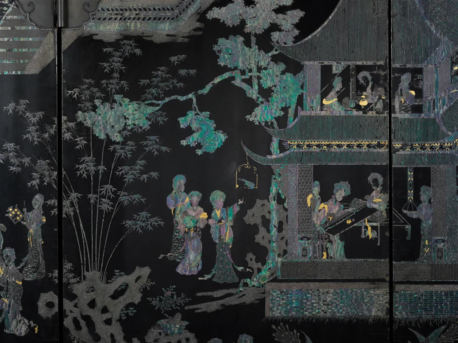 Detail of Kangxi-period black lacquer screen with mother-of-pearl and gold-foil palace scene