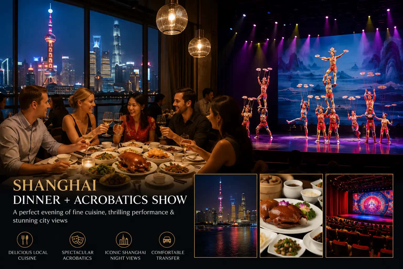 Dinner before the Shanghai ERA acrobatic show with private transfer.