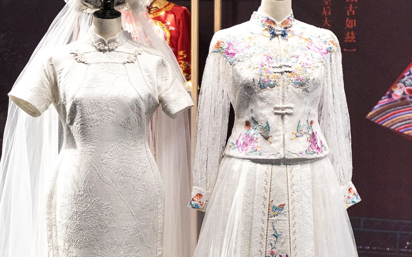 White bridal qipao displayed at a wedding exhibition in Beijing