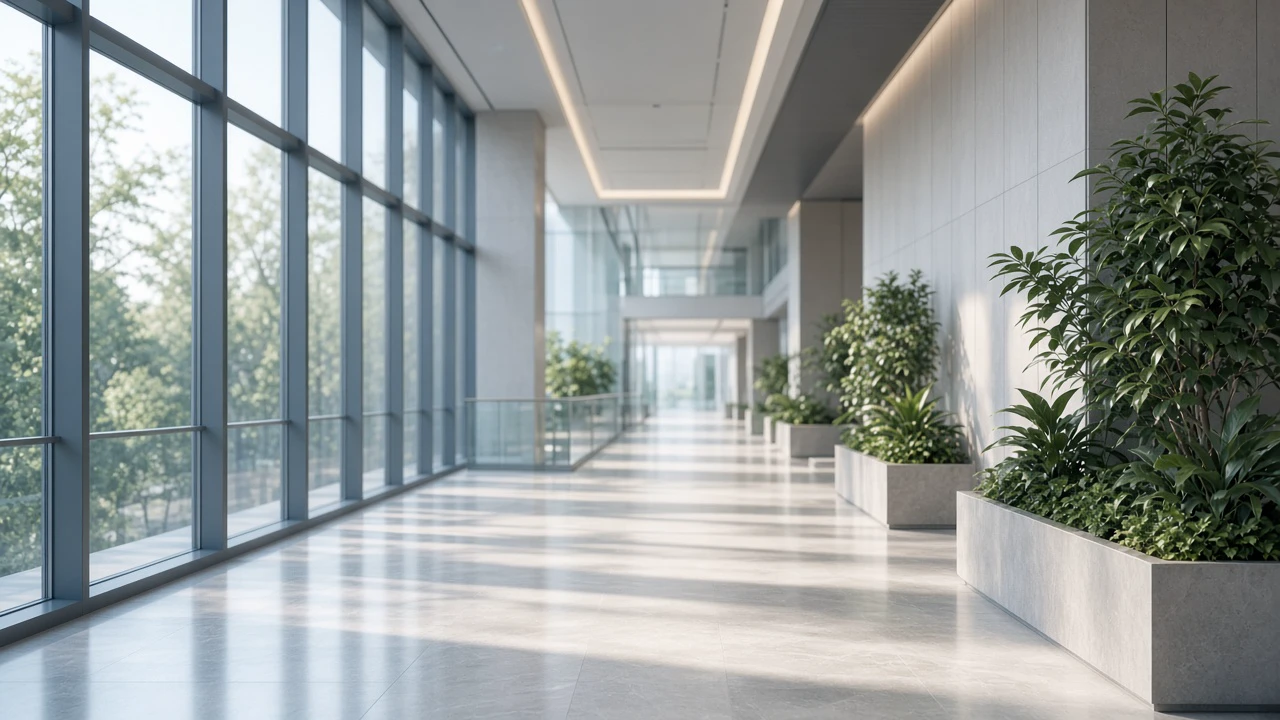 Sunlit atrium with tall windows, indoor trees, and quiet seating