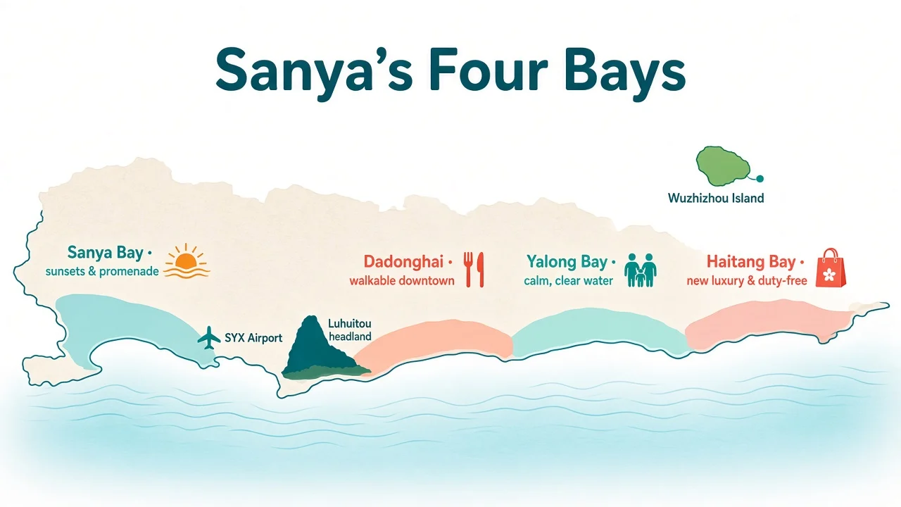 Sanya Buchten Karte mit Fahrzeiten von Yalong