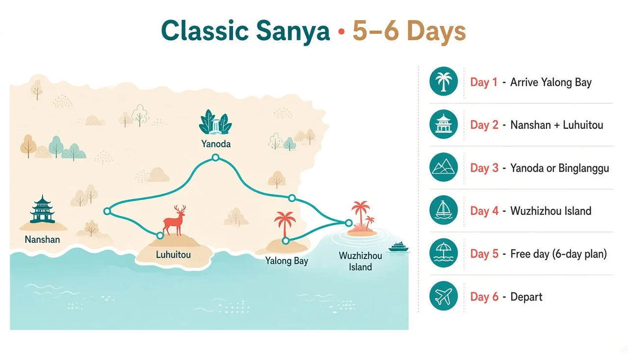 Mapa da rota clássica de 6 dias em Sanya com baías, Nanshan, Yanoda e Wuzhizhou
