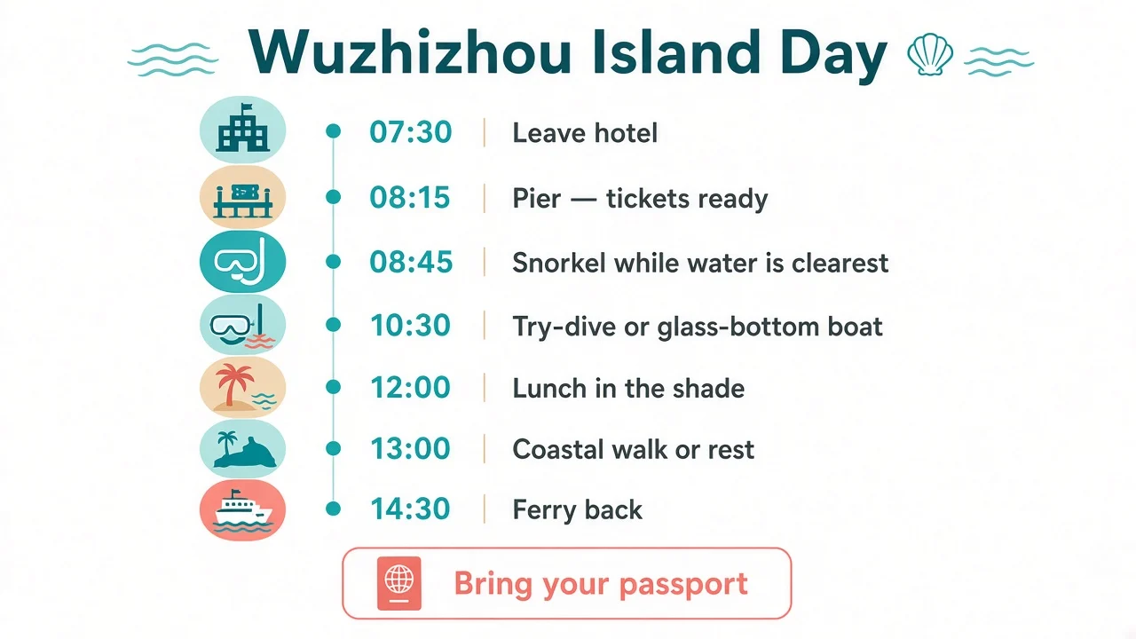 Cronograma do dia na Ilha Wuzhizhou: cais, ferry, snorkel, almoço, retorno