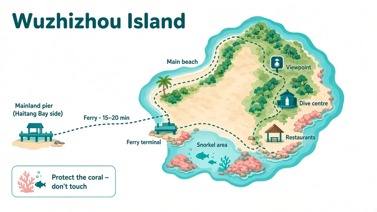 Wuzhizhou Island Karte: Fährpier, Strände, Schnorchelgebiete, Aussichtspunkte