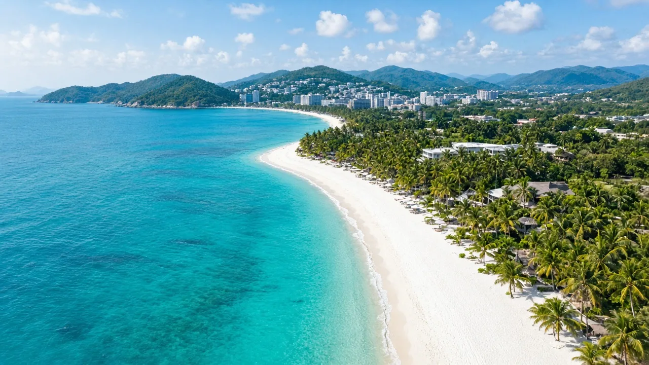 Palm-lined tropical beach and clear water in Sanya
