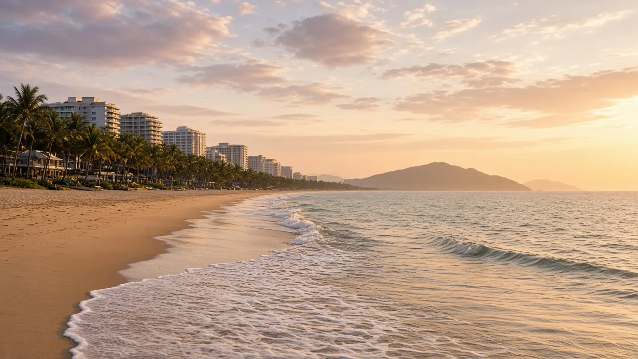 Palm-lined tropical beach with turquoise water in Sanya