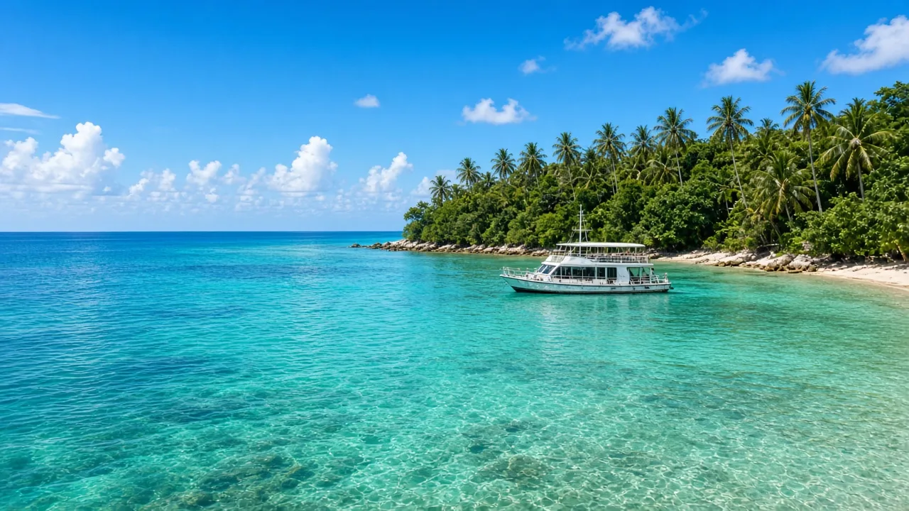 Wuzhizhou Island coastline with clear tropical water
