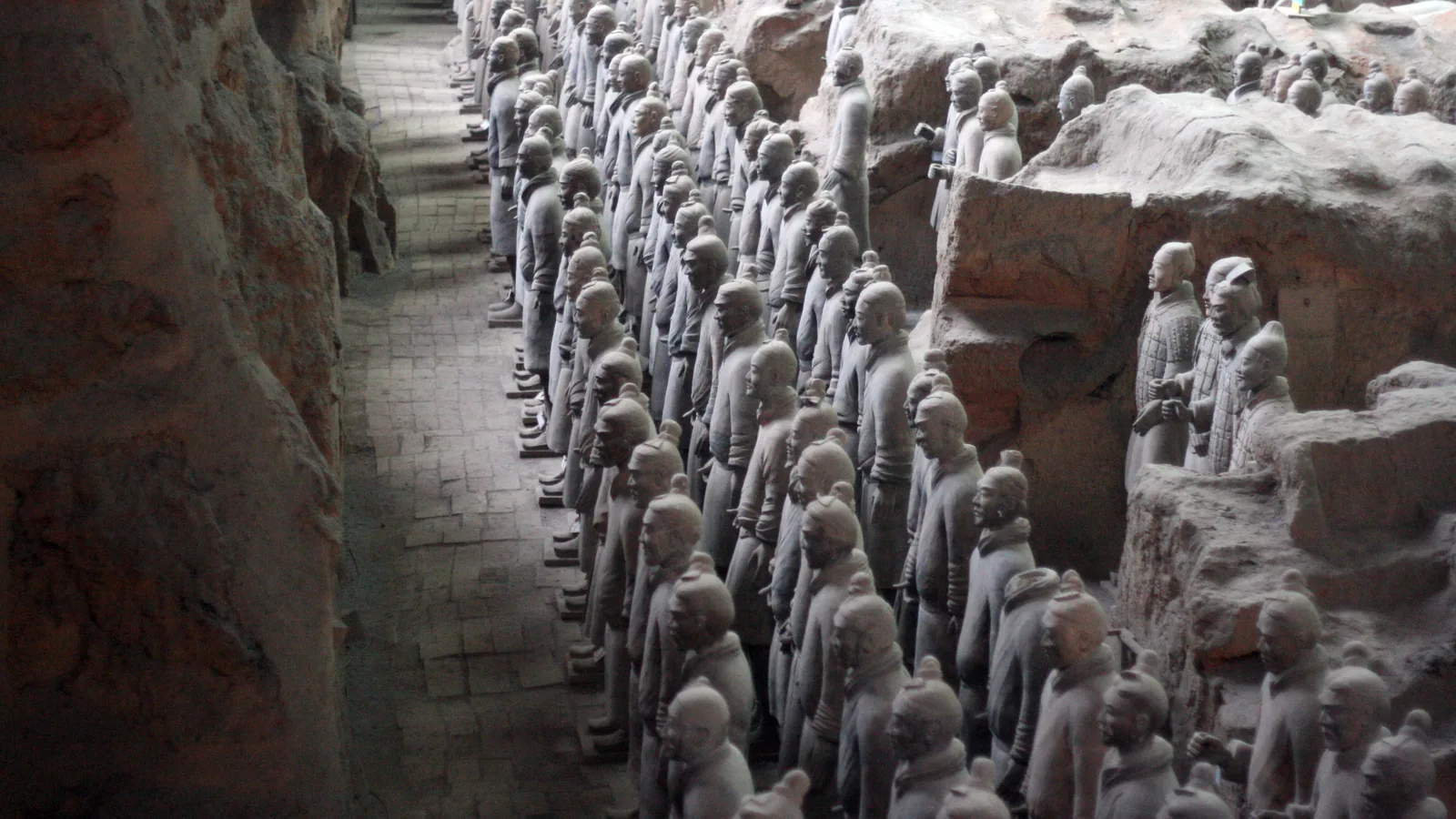 Terracotta Warriors standing in the excavation pit near Xi'an