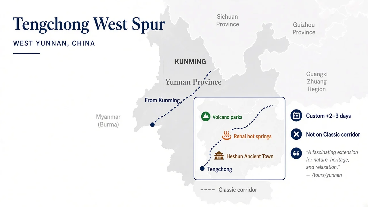 Tengchong west spur: volcano parks, Rehai hot springs, and Heshun