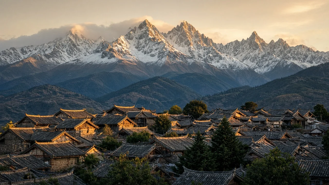 Lijiang old-town roofs with Jade Dragon Snow Mountain beyond