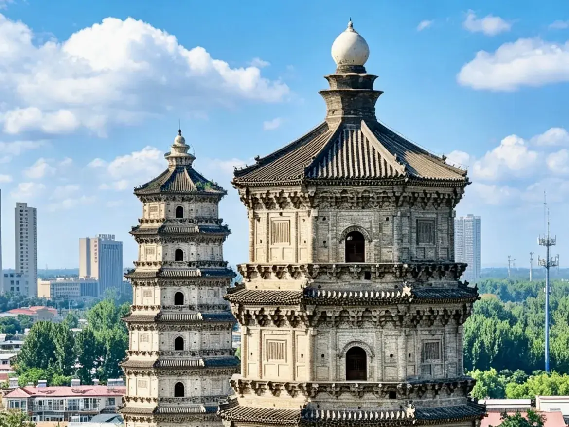 Two historic brick pagodas above trees and a modern skyline in the Baoding area.