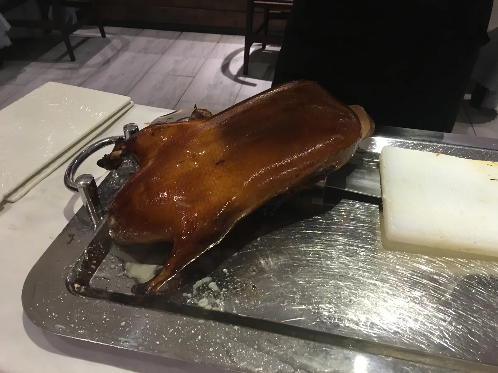 Whole Peking duck ready for carving at a restaurant in Beijing