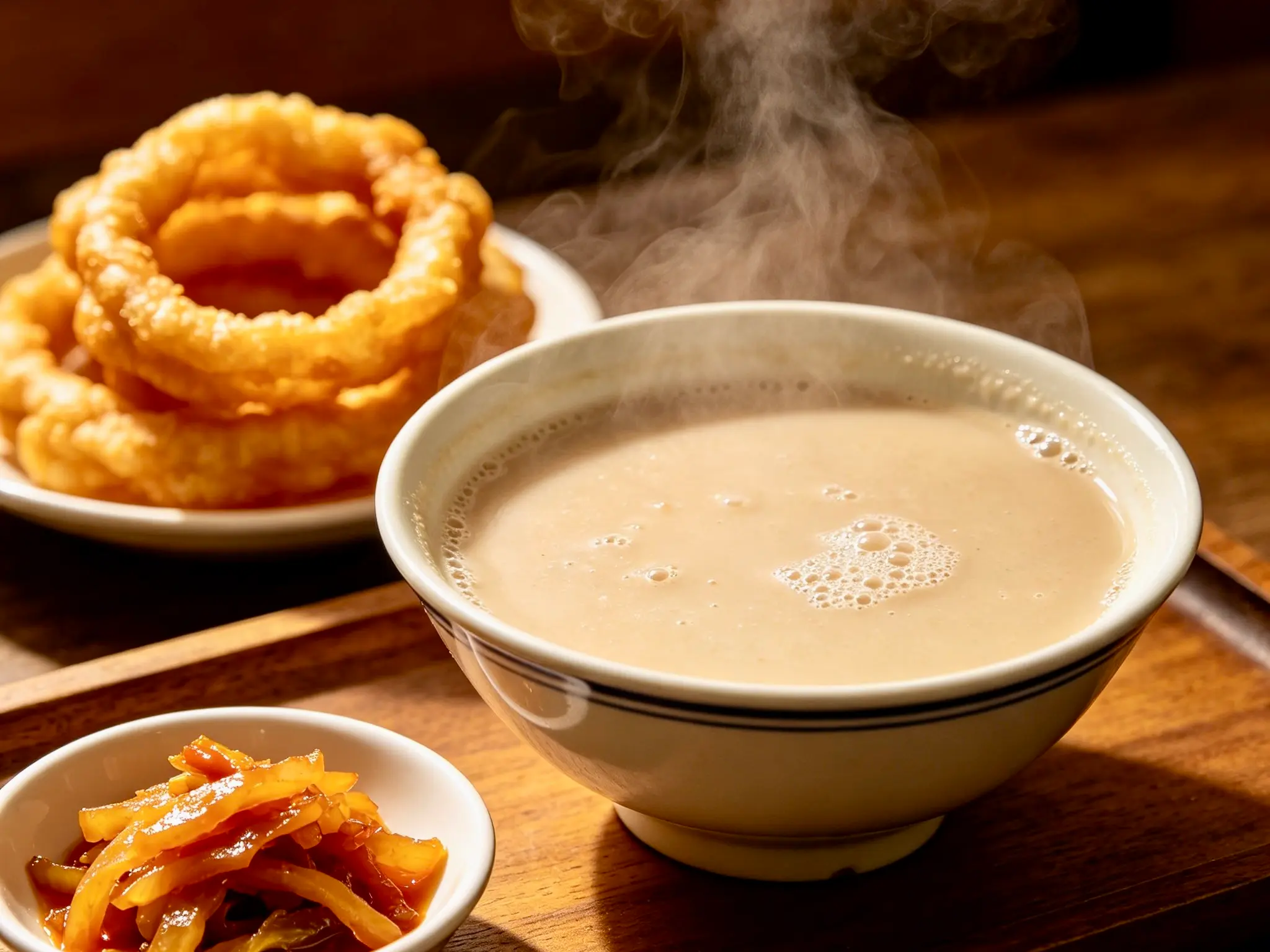 Traditional Beijing douzhi served with crisp jiaoquan fried dough rings