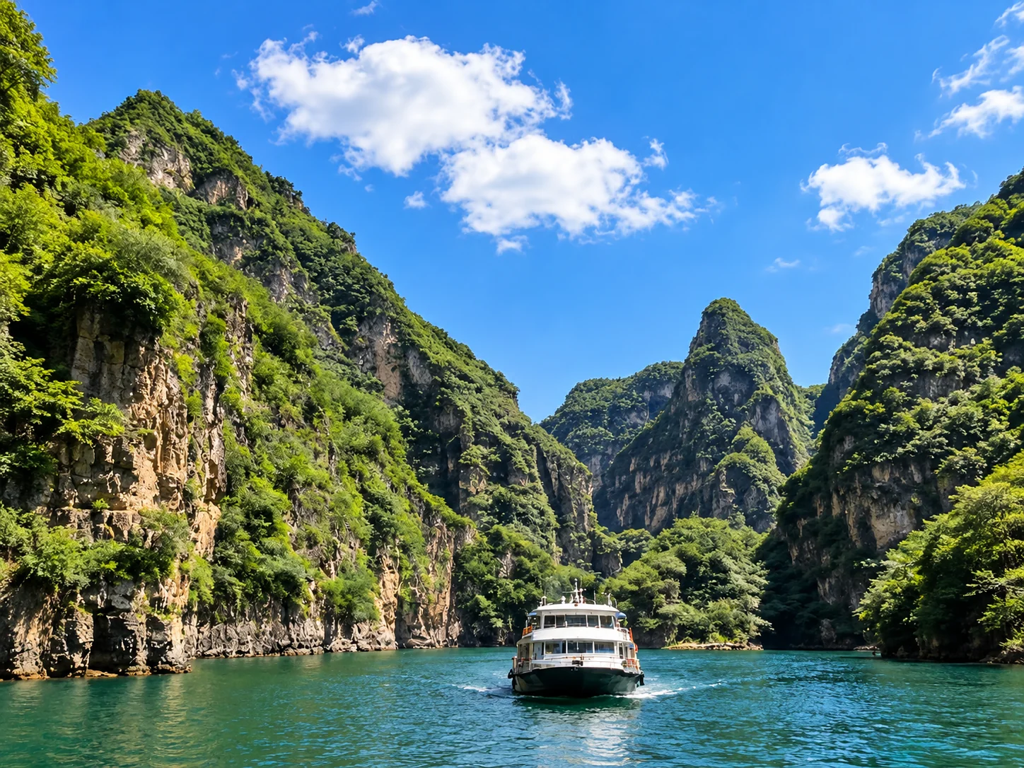 A passenger boat on green water between the cliffs at Longqing Gorge