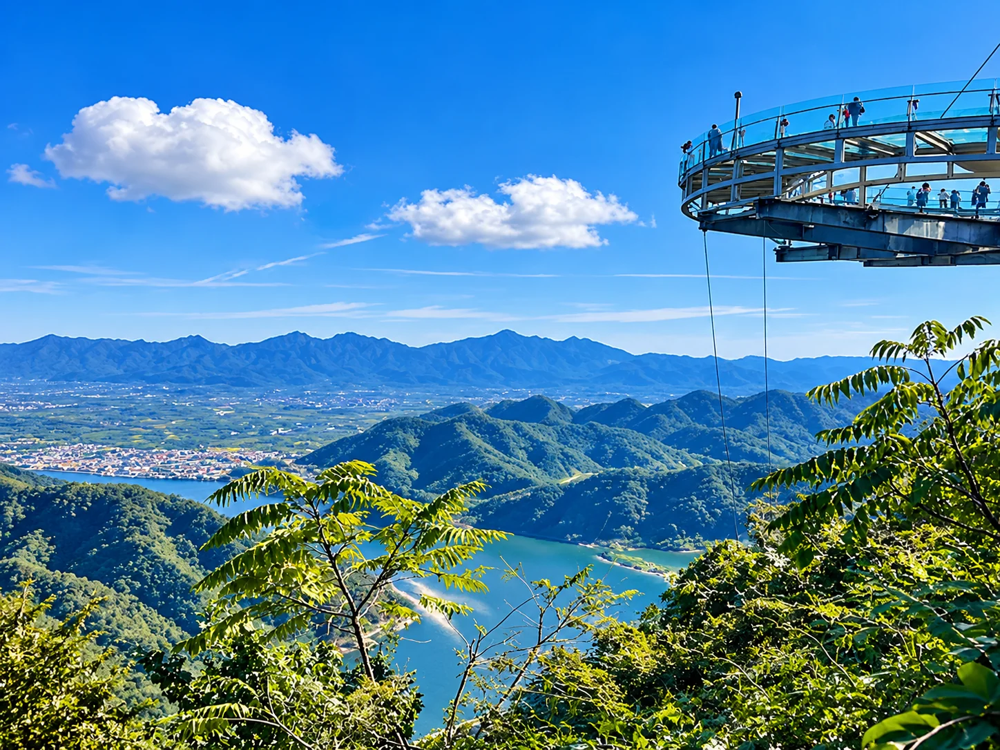Shilinxia viewing platform overlooking a reservoir and mountain valley.