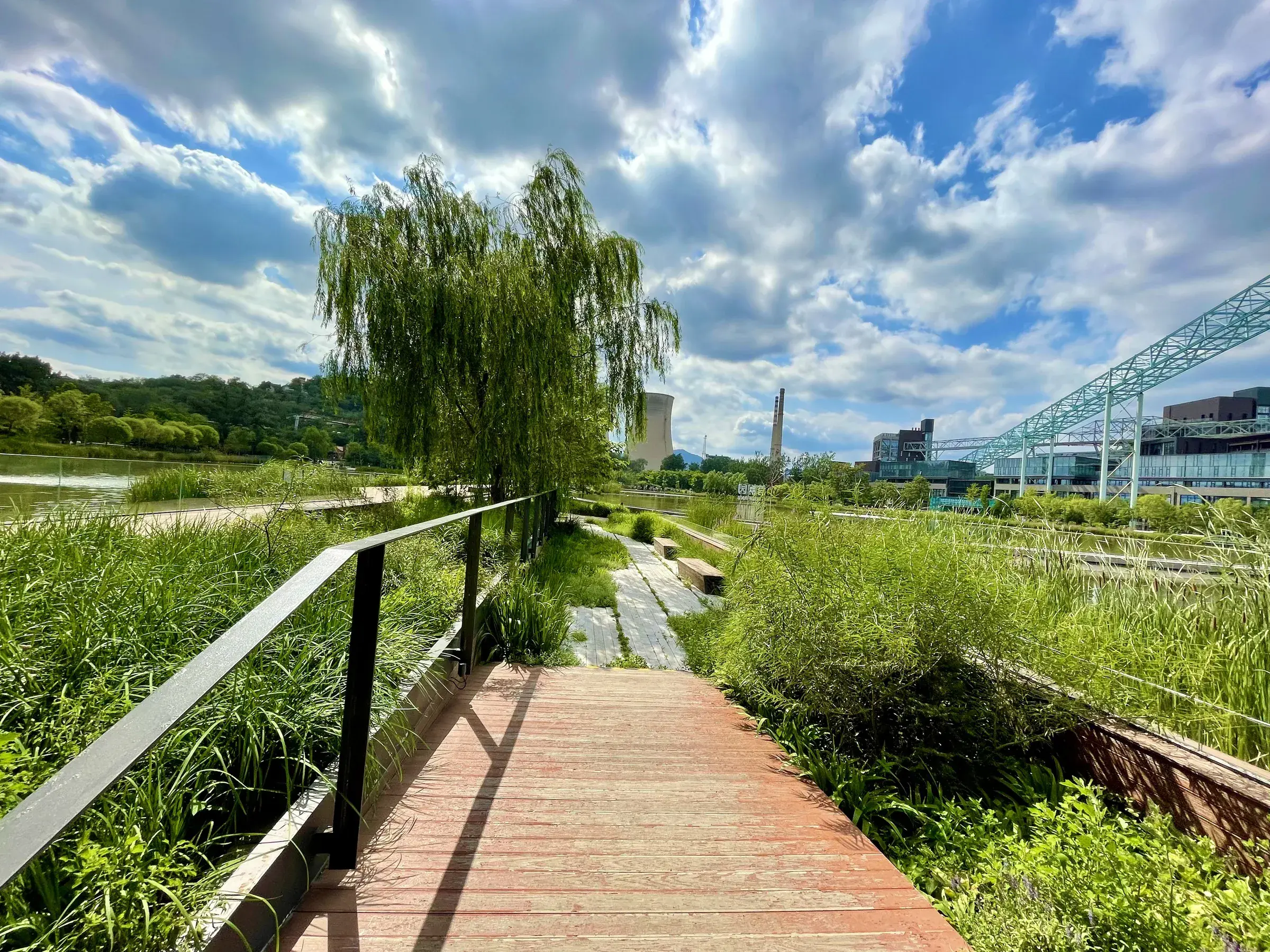 Wooden boardwalk through tall reeds toward a cooling tower and blue steel gantry at Shougang Park, Beijing