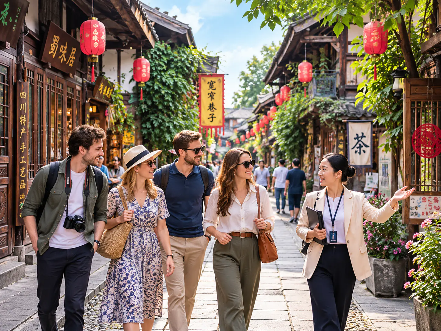 Vier internationale Besucher erkunden eine traditionelle Straße in Chengdu, gesäumt von hölzernen Ladenfronten und roten Laternen.