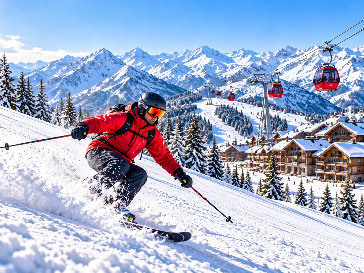 Skier carving powder at a China ski resort with red gondolas and alpine chalets
