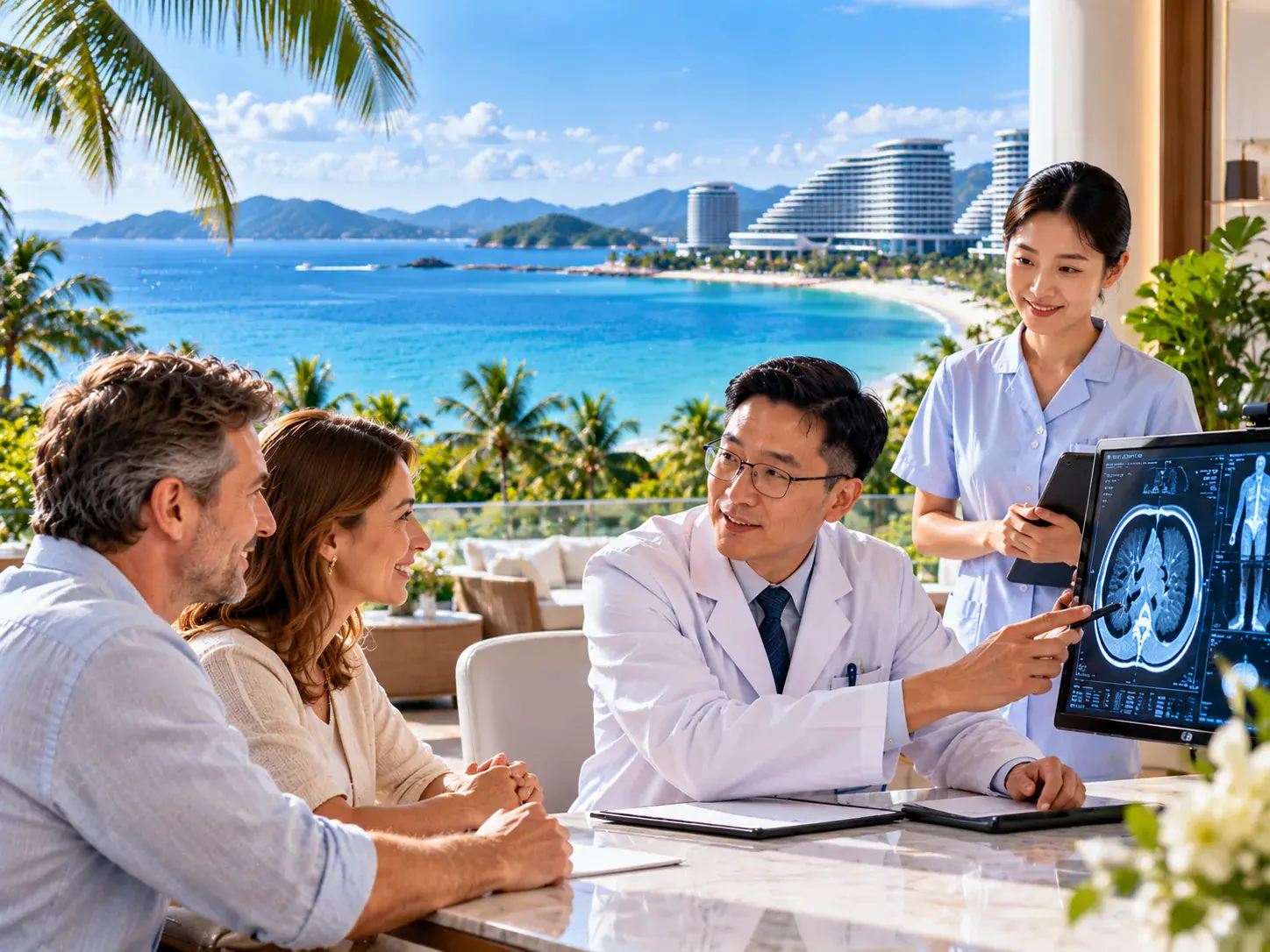 Medical consultation overlooking tropical bay — China medical tourism planning