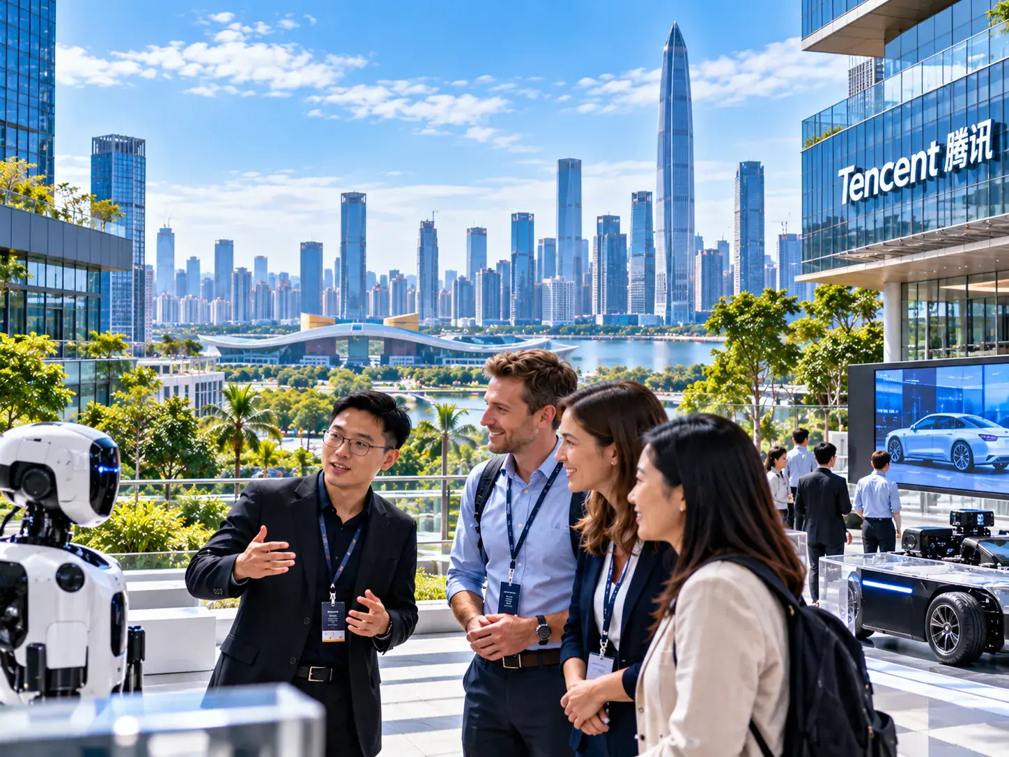 Technology tour group with humanoid robot on Tencent terrace overlooking Shenzhen skyline