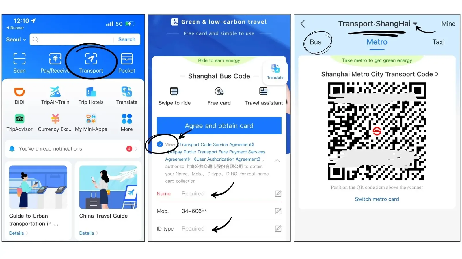 Alipay Transport section for metro and bus payments in China