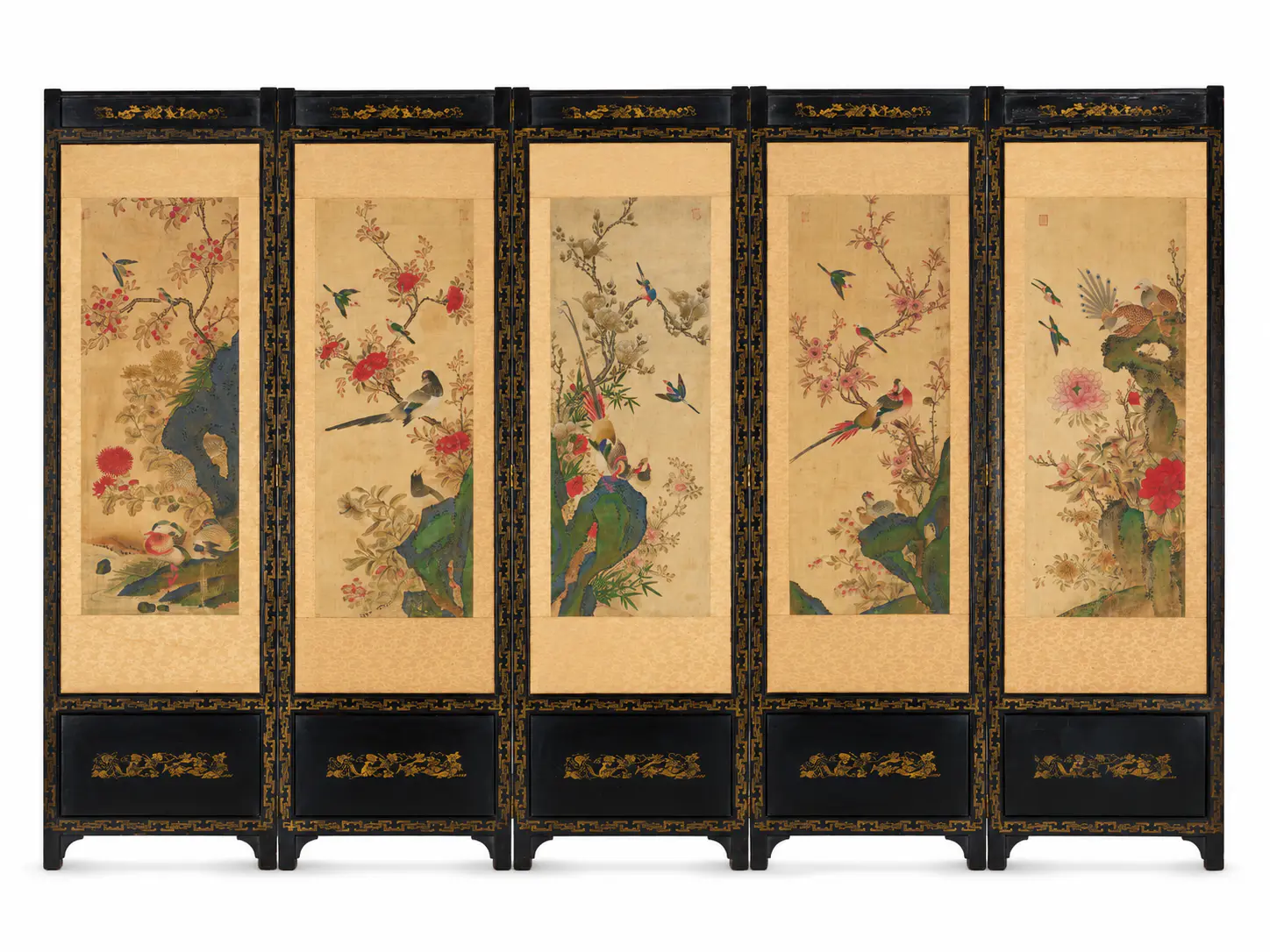 Biombo plegable de cinco paneles pintado con pájaros y flores