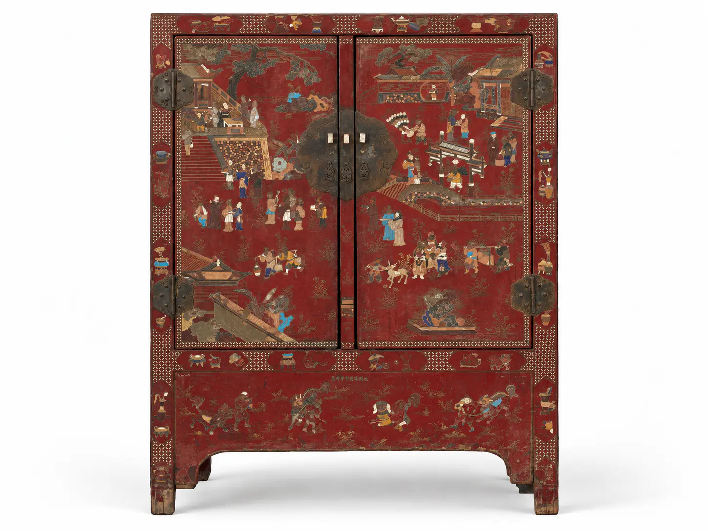 Armoire en bois rouge décorée de figures et de scènes architecturales