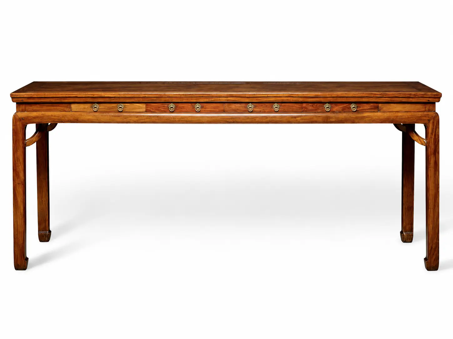 Mesa lateral china de madera larga con extremos vueltos hacia afuera