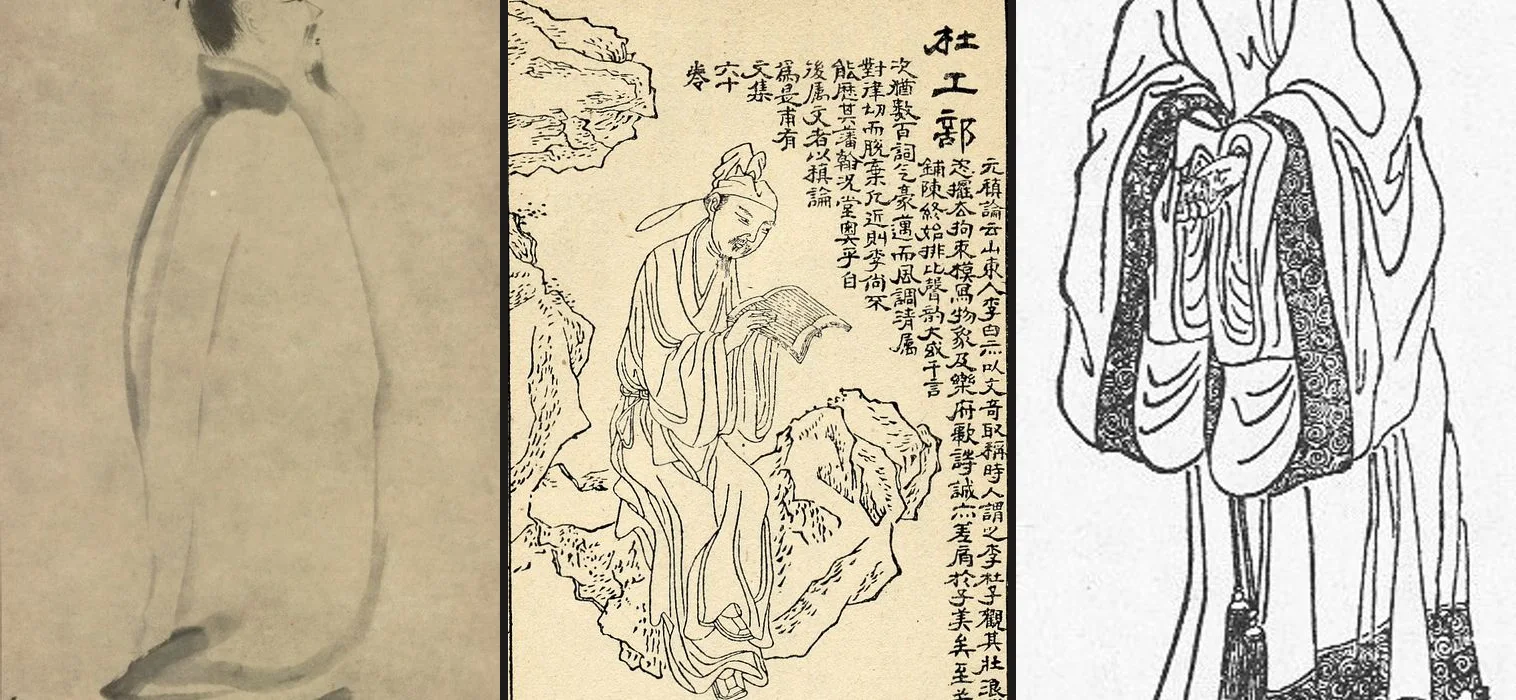 Three-panel montage of Li Bai, Du Fu and Lu Xun portraits