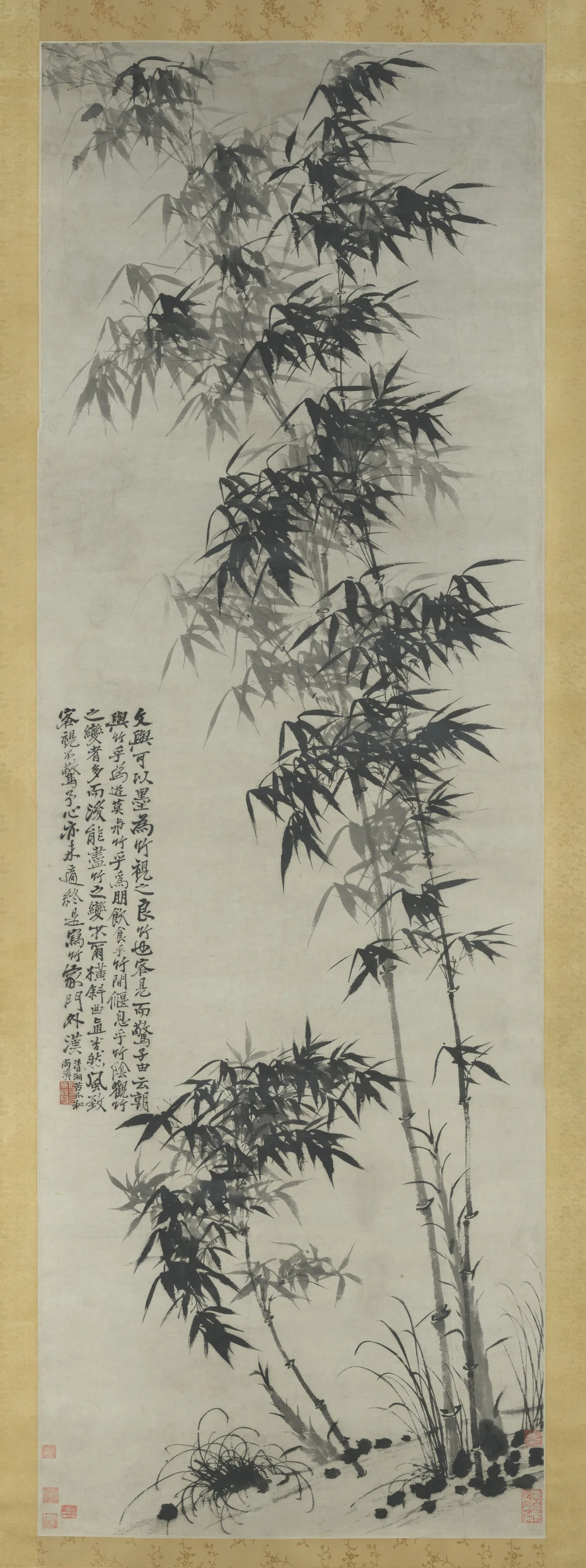 Shitao ink painting of bamboo bending in wind and rain