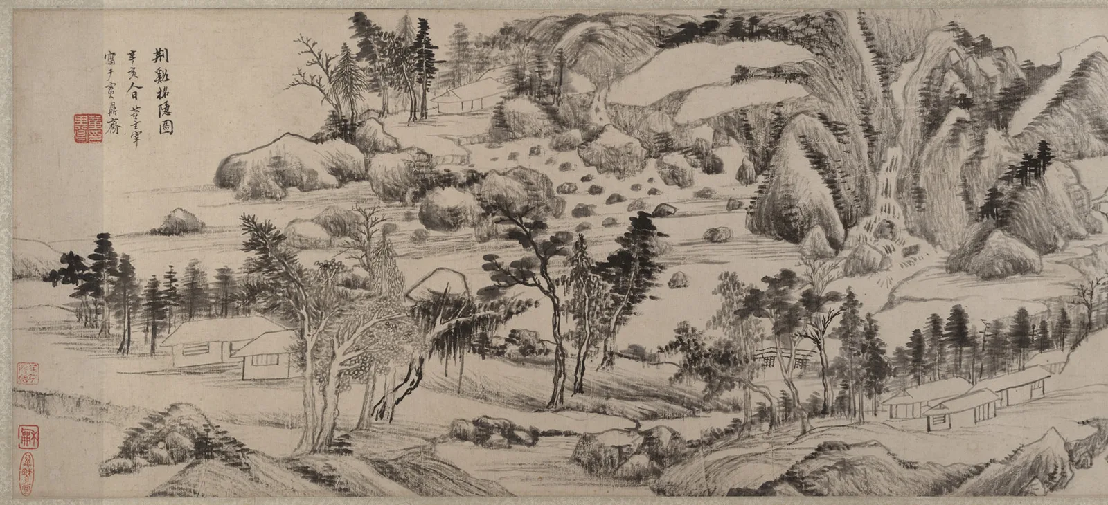 Ming Chinese handscroll with landscape painting and long calligraphic colophon