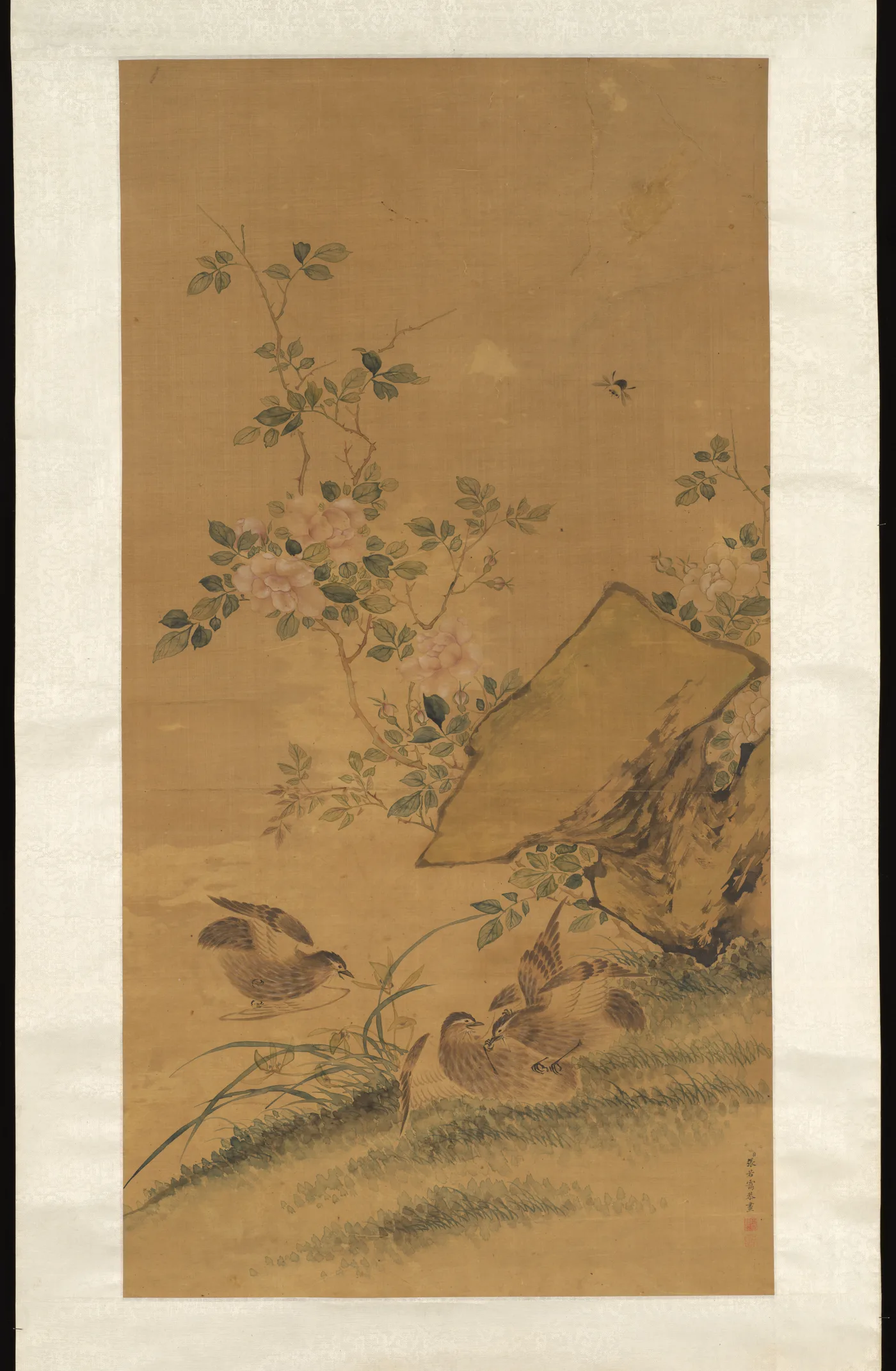 Qing dynasty Chinese flower-and-bird painting in ink and color on silk