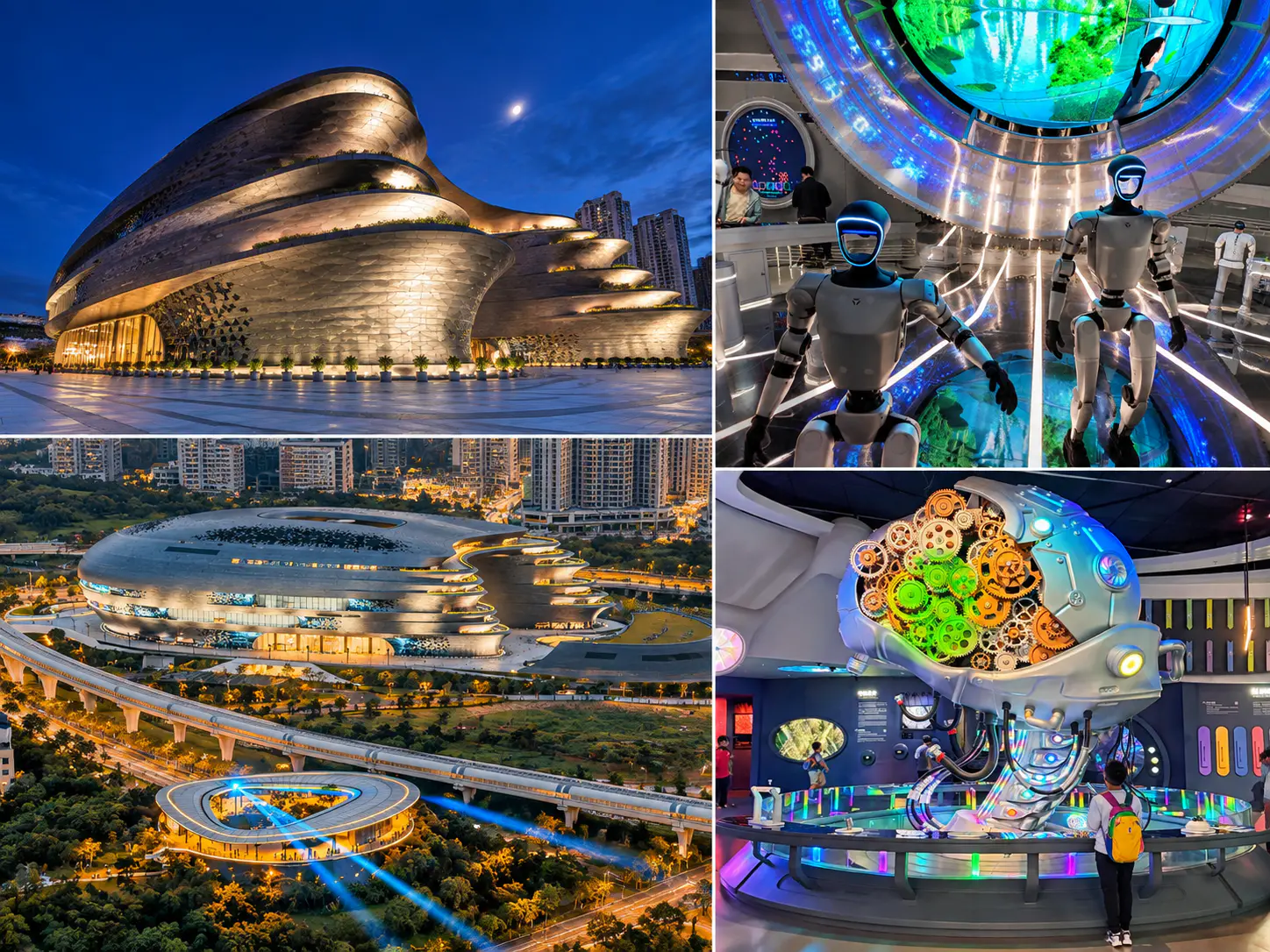 Vista compuesta del Museo de Ciencia y Tecnología de Shenzhen que muestra su arquitectura, robots humanoides y exhibiciones interactivas de ciencia