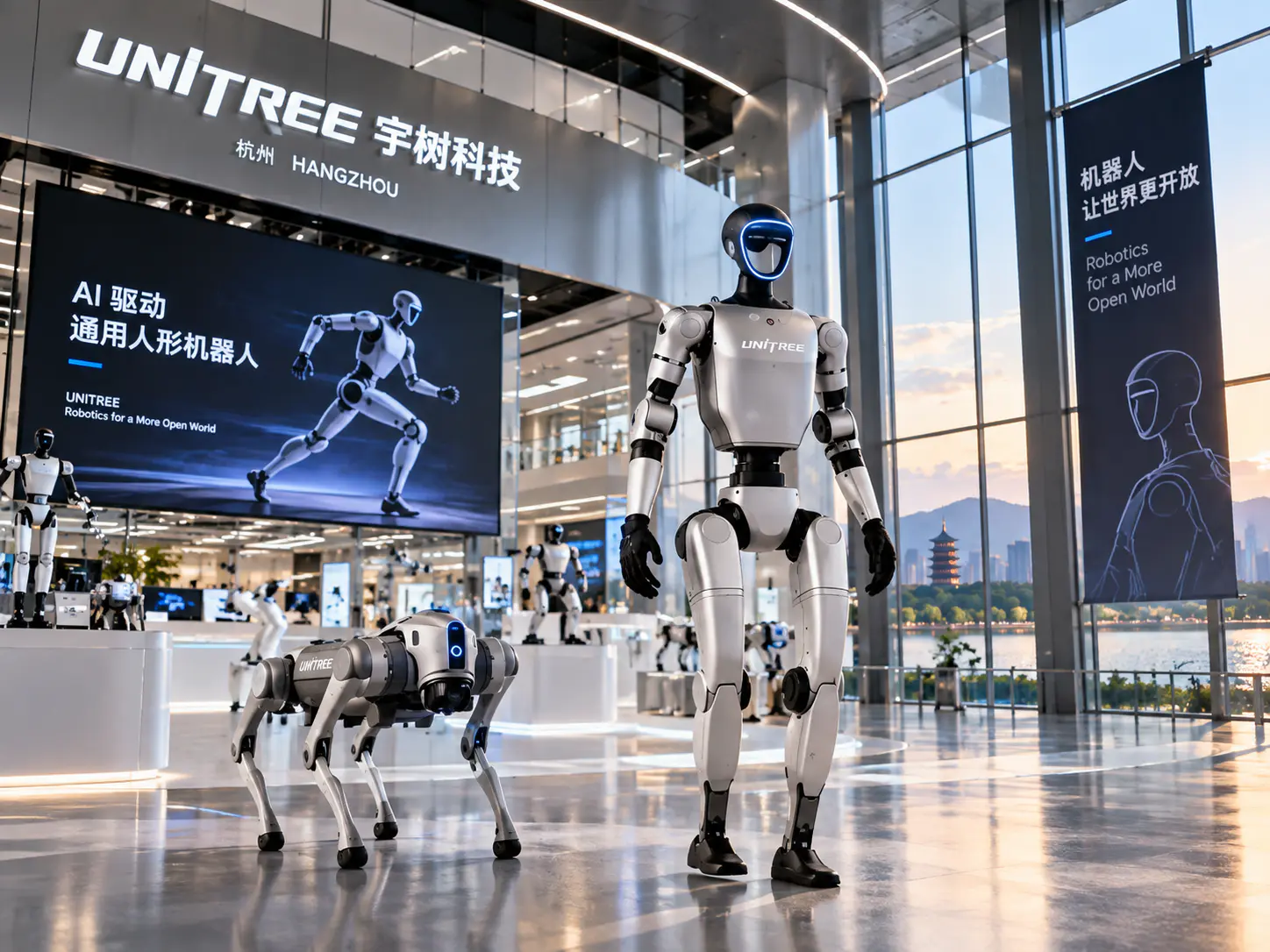 Robot humanoide y robot cuadrúpedo de Unitree en exhibición en Hangzhou